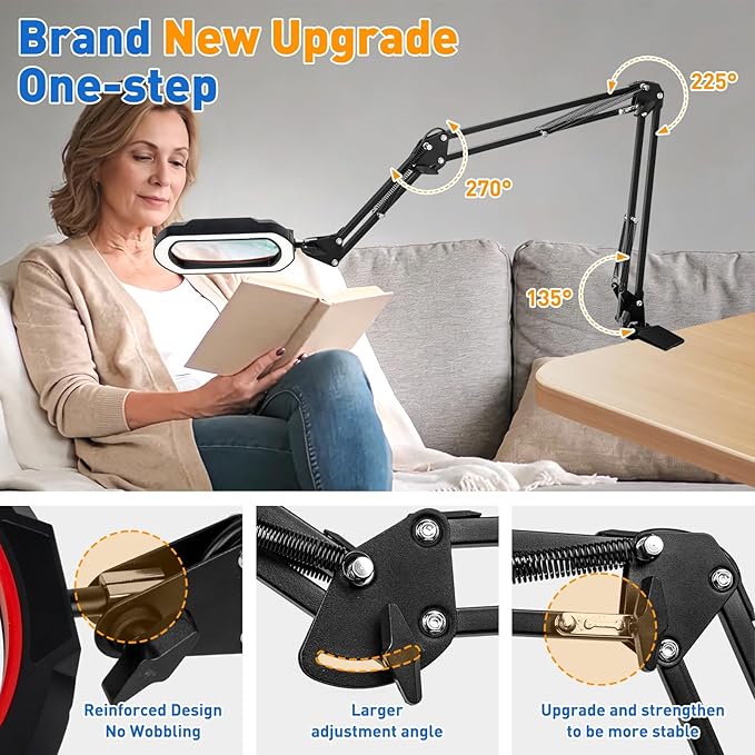 12X Ultra Long 3-Section Swing Arm Lighted Magnifier Lamp, NUEYiO 5.3* 3.2" Square Large Magnifying Glass with Light and Stand, 5 Color Mode, 4-way Metal Clamp Hands-Free Craft Lamp for Sewing Repair
