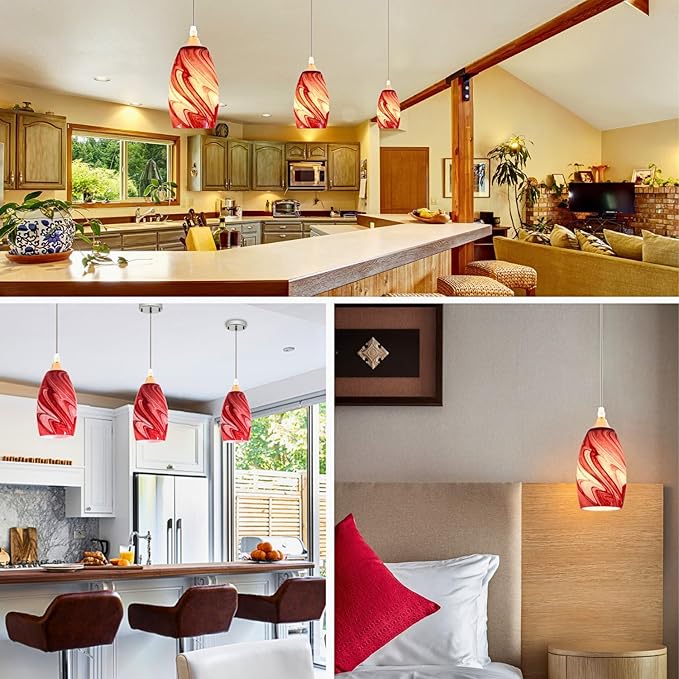 GO&SO Burgundy White Swirl Pendant Lights Kitchen Island 3 Pack,Hand-Blown Fluid Flow Texture, 7.8"H Art Oval Fixture,1.57" Fitter, E26 Base,for Hanging Light Fixtures, Mini Chandelier Replacement Set