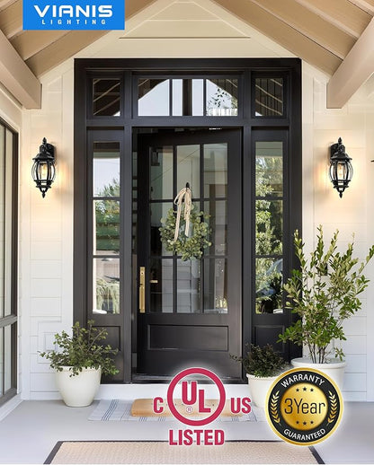 VIANIS Dusk to Dawn Outdoor Lighting Fixture for House, Black Exterior Wall Light Wall Mount Sconce with Tempered Glass, Modern Front Porch Light Lantern for Patio, Anti-Rust Coach Lights for Garage