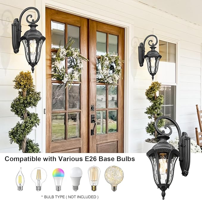 Outdoor Lights Fixtures Wall Mount, Outdoor Sconce Lighting Anti-Rust Exterior Porch Light Waterproof Aluminum Outside Lamp with Water Ripple Glass for Home Garden Patio Garage