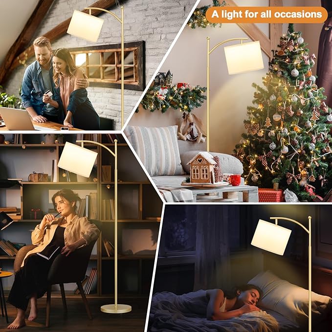 60" Floor Lamps for Living Room with 3 Color Temperatures, Adjustable White Shade with Gold Pole, Tall Lamps for Living Room Bedroom Office Classroom Dorm Room, 9W Bulb Included
