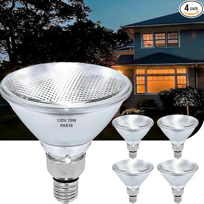 PAR38 Halogen Flood Light Bulbs, 120 V 70W Halogen Bulbs, E26 Base, 2700K Warm White Light for Indoor and Outdoor 4 Pcs
