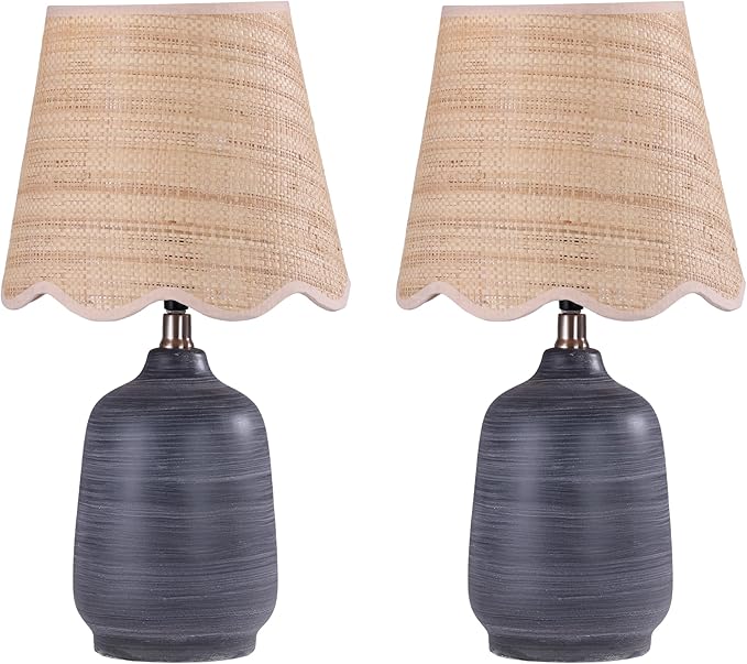 19" Boho Ceramic Table Lamp Set of 2, Handmade Ceramic Base with Rattan Shade, Farmhouse Plug-in Bedside Nightstand Lamps for Bedroom, Living Room, E26 Socket, Black with White Striped