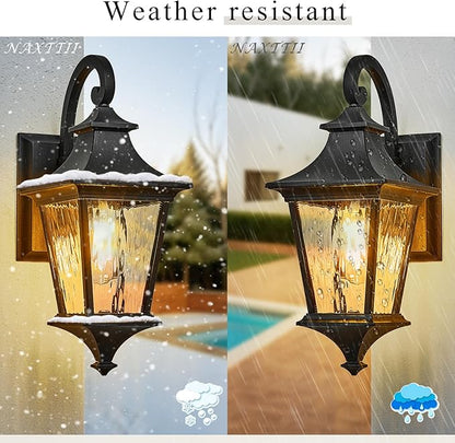 Outdoor Wall Lights 21 Inch Large Size Exterior Porch Lights Wall Mount with Water Ripple Glass Black Outdoor Porch Light for Houses E26 Socket Downward Installation