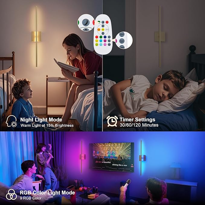 28.3 Inch 9 RGB Color Battery Operated Wireless Wall Sconces Set of Two, with Remote, Dimmable, Warm/Natural White/Daylight, Rotatable, LED Wall Light for Living Room, Bedroom, Gold