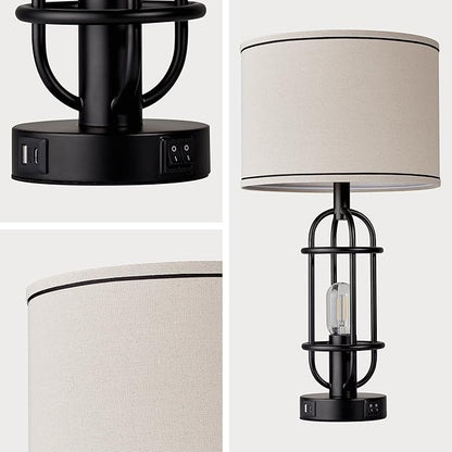 Black Table Lamps for Living Room Set of 2, 22.3" Farmhouse Lamps for Nightstand, Industrial Table Lamps for Bedroom with USB Ports, Bulbs Included