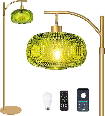Modern Floor Lamp for Living Room, Mid Century Tall Standing Lamp Green Glass Lamp Shape, Dimmable Gold Tall Pole Lamp for Bedroom Office with Remote, 1 x 12W LED Edison Bulbs Included