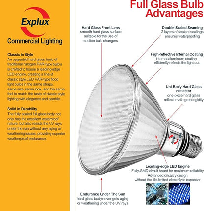 Explux Commercial-Grade LED PAR38, 120W Equivalent, 1400 Lumens, 40000 Hours, Classic Full Glass Flood Light Bulbs, Dimmable, Waterproof & Anti-Ageing, Bright White 3000K Spotlight, 6-Pack