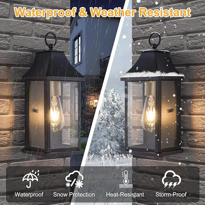 Dusk to Dawn Outdoor Wall Lantern, Modern 15" Outside Wall Sconce, Black Outdoor Light Fixture with Glass, Waterproof Exterior Lamp for House Porch Patio