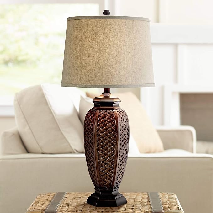 Regency Hill Country Cottage Tropical Natural Table Lamp 29" Tall Brown Woven Wicker Pattern Beige Linen Drum Shade Decor for Living Room Bedroom House Home Dining Office Reading Entryway