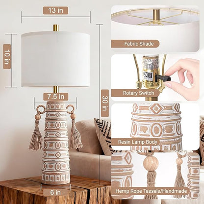 30”H Tall Boho Table Lamp Set of 2 for Bedroom Living Room, Handmade Tassels Antique Bedside Lamp, Adjustable with Memory Function Bulb, Linen Shade, Rotary Switch Resin Lamp for Nightstand Decor
