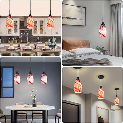 Mini Glass Pendant Light,3-Pack Handblown Burgundy Marble Art Glass Hanging Light 4.72" Oval Ceiling Hanging Light Fixture for Dining Room Kitchen Island Cafe Foyer Hallway