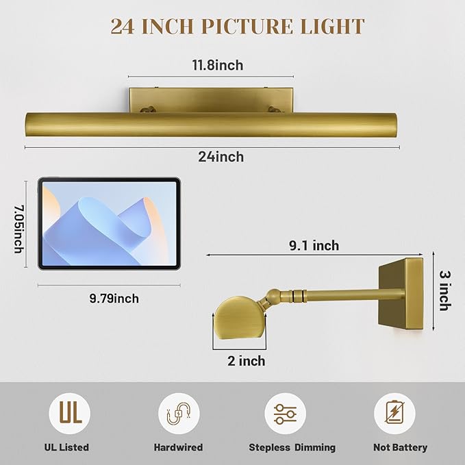 Brass Picture Lights for Wall, 24" Linear Picture Light Hardwired, 3-Light Brush Gold Art Light, Warm White 2700k Dimmable Picture Lamp, 270° Picture Frame Light for Bathroom, Living Room, Hallway