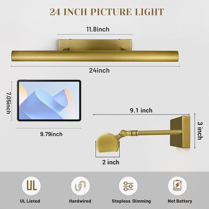 Brass Picture Lights for Wall, 24" Linear Picture Light Hardwired, 3-Light Brush Gold Art Light, Warm White 2700k Dimmable Picture Lamp, 270° Picture Frame Light for Bathroom, Living Room, Hallway