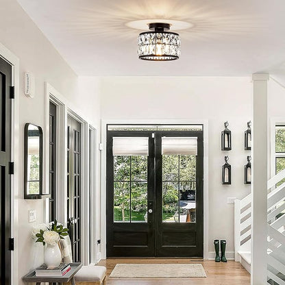 Crystal Ceiling Light Fixture, Modern Semi Flush Mount Ceiling Light,Crystal Chandelier for Kitchen Bedroom Bathroom Entryway, Black Finish
