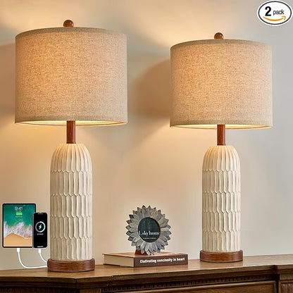 OYEARS 26.5" Table Lamps Set of 2 with USB A+C Charging Ports for Bedroom Living Room Farmhouse Bedside End Lamps Rustic Nightstand Lamps, Brown