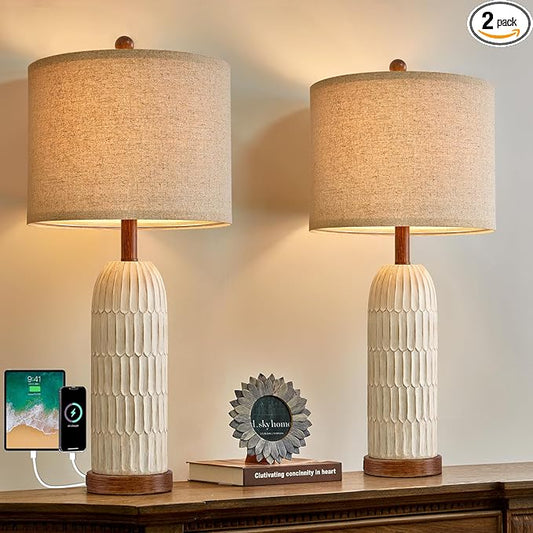 OYEARS 26.5" Table Lamps Set of 2 with USB A+C Charging Ports for Bedroom Living Room Farmhouse Bedside End Lamps Rustic Nightstand Lamps, Brown
