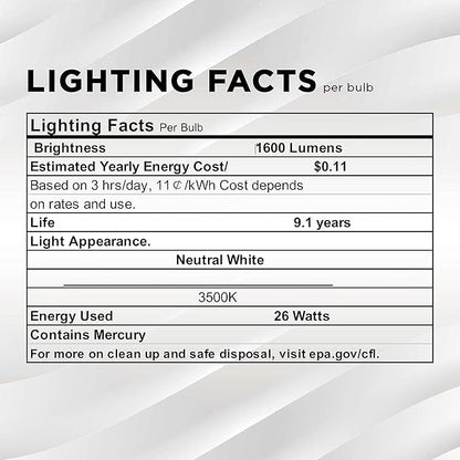 SLEEKLIGHTING 26 Watt T4 Tri Tube CFL 4 Pin GX24Q-3 Base Light Bulb 3500K 1600lm - Compact Fluorescent -Neutral White Light 4pack
