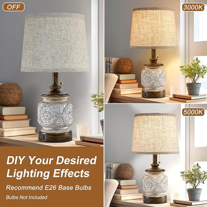 19.5" Farmhouse Bedside Table Lamps Set of 2 Rustic Lamps for Nightstand Bedroom with USB Ports Vintage Traditional White Carved Floral Night Light Lamps for Living Room End Tables Decor