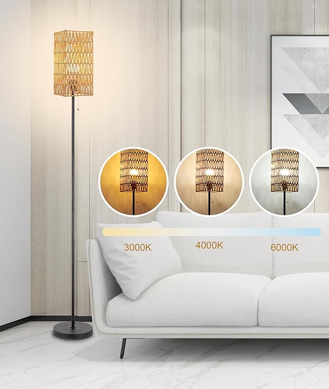 Floor Lamp for Living Room,Farmhouse Floor lamp,Modern Standing lamp with Hand-Worked Rattan Shade (Square Shade-3 Color Blub)