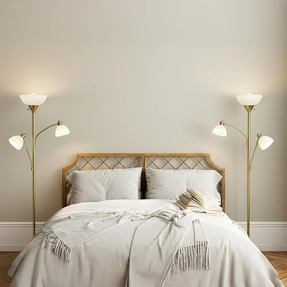 Brightech Sky Dome Double LED Floor lamp, Torchiere Super Bright Floor Lamp with 2 Reading Lamps for Living Rooms & Offices - Dimmable Tall Standing Lamp for Bedroom Reading - Tall Brass Pole