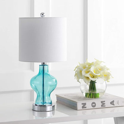 JONATHAN Y JYL4036A 20.5" Modern Glass Table Lamp, Aqua Blue Bedside Lamp for Living Room, Bedroom Nightstand, Coastal End Table Desk Lamp with White Linen Drum Shade, LED Bulb Included
