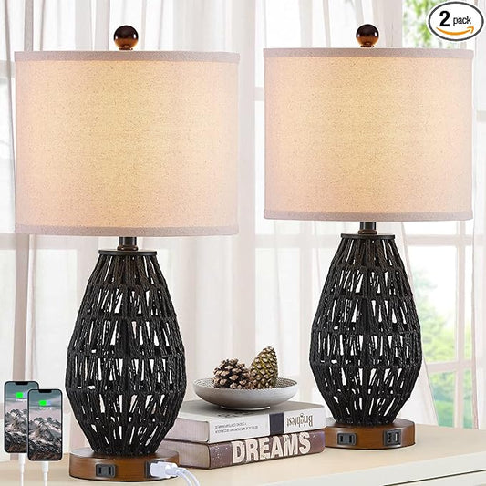 Touch Control Rattan Table Lamps, 3 Way Dimmable Bedside Lamps for Bedroom Set of 2 with 2 USB Ports and AC Outlet, Wicker Nightstand Lamps for Living Room (LED Bulbs Included), Black