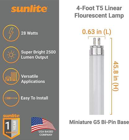Sunlite 30345 F28T5/865 4 Foot T5 Linear Fluorescent Lamp, 28 Watts, 2500 Lumens, 6500K Daylight, Miniature G5 Bi-Pin Base, ROHS Compliant, High Performance Straight Tube, 40 Pack