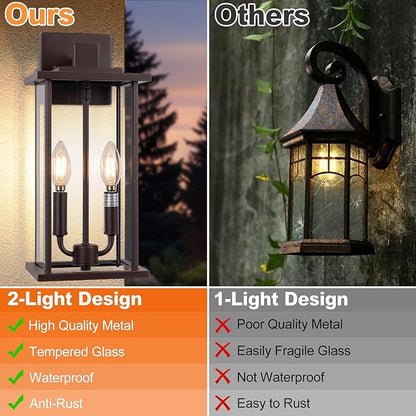 2-Pack 16" Large Outdoor Wall Light Fixtures, 2-Light Exterior Front Porch Light, Brushed Outdoor Sconce Lights, Waterproof Farmhouse Lamp Lighting (Bronze, 16in No Sensor)