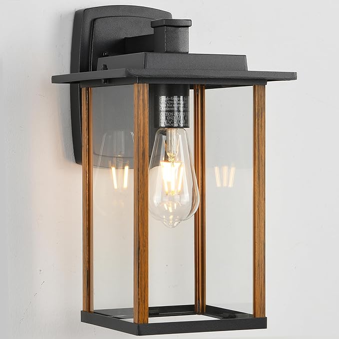 Outdoor Wall Sconce, Large Exterior Wall Lighting, LED Outdoor Porch Wall Light Fixtures with Clear Glass for Outside, Garge, Patio, Wood Grain Finish & Matte Black Finish