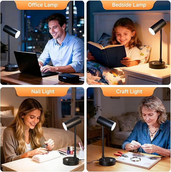 ShineTech Adjustable LED Eye-Caring Desk Lamp, Dimmable Stepless Brightness, 3 Color Modes, Touch Nightstand Lamp for Home Office, Study, Bedroom, Black