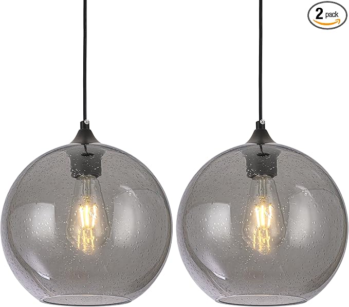 Grey Glass Pendant Lights Kitchen Island Lighting Modern Globe Pendant Light Fixtures Modern Pendant Lights for Kitchen Island Bedroom Living Dining Room Light Fixture-7.8inch,2Pack