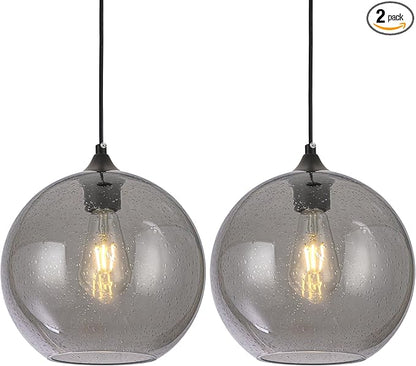 Grey Glass Pendant Lights Kitchen Island Lighting Modern Globe Pendant Light Fixtures Modern Pendant Lights for Kitchen Island Bedroom Living Dining Room Light Fixture-7.8inch,2Pack