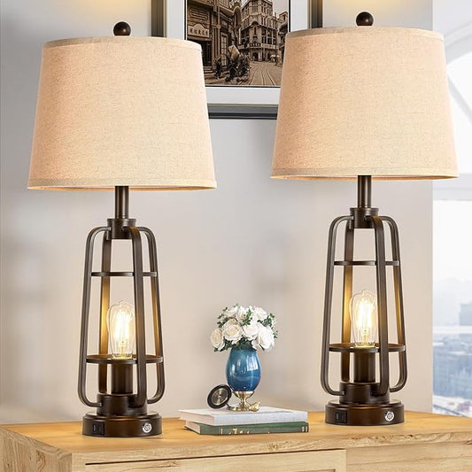 28.7" Table Lamps for Living Room Set of 2, Touch Lamps for Bedrooms with USB C+A Charging Ports, Farmhouse Lamps for Nightstands with Oil Rubbed Bronze Finish, Bulbs Included