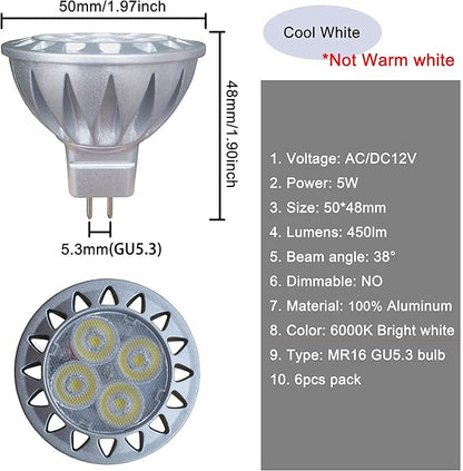 ALIDE MR16 Led Bulbs 6000K Daylight Bright Cool White 5W,Replace 20W 35W Halogen Equivalent,12V MR16 GU5.3 Low Voltage Bulb for Outdoor Landscape Track Ceil Lighting,Not Dimmable,450lm,38 Deg,6 Pack