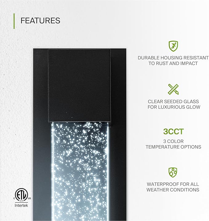 ASD LED 13" Bubble Glass Wall Light Fixture, Outdoor & Indoor Seeded Sconce | 3CCT, Waterproof, Dimmable, ETL Listed | 12W 500LM 3000-5000K 120V | Exterior Lantern, Porch Lighting | Black, 2 Pack