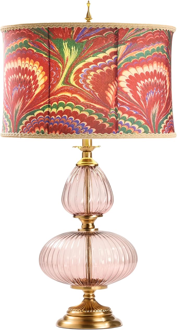 River of Goods 31.5" H Dash Red Printed Drum Shade Geometric Pink Glass Table Lamp