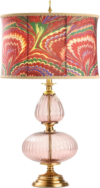 River of Goods 31.5" H Dash Red Printed Drum Shade Geometric Pink Glass Table Lamp