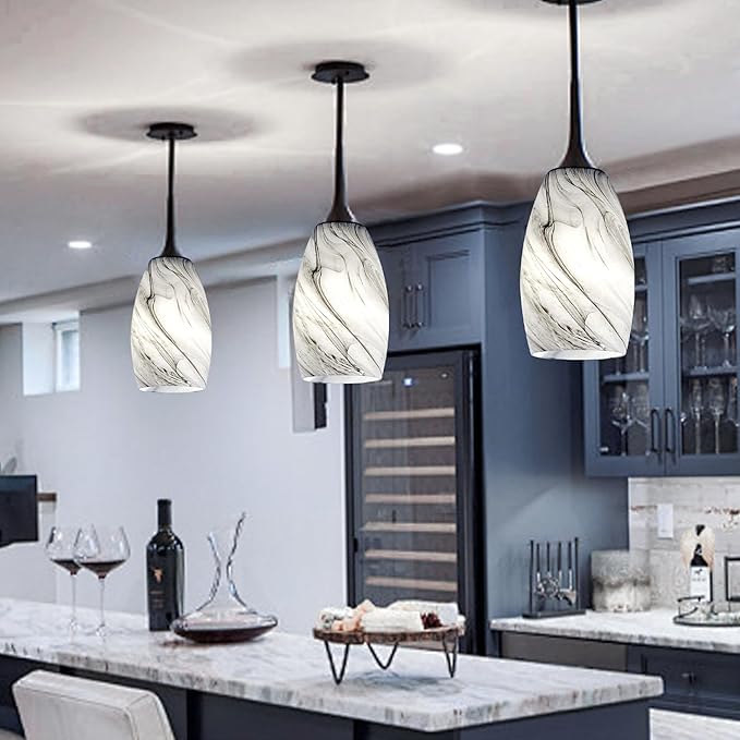 GO&SO 3 Pack Smoke-Gray Gradient Glass Lamp Shades,7.8"H Oval Pendant Light Art Fixture, 1.57" Fitter, E26 Base, Hand-blown Marble Hanging Light Shades, Dining Room, Hallway & Track Pendant Lights