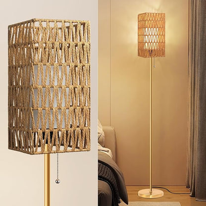 Floor Lamp for Living Room,Farmhouse Floor lamp,Modern Standing lamp with Hand-Worked Rattan Shade (Square Rattan Shade Body Gold Color-3 Color Bulb)