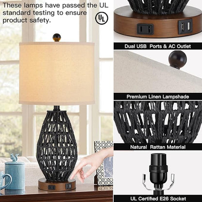 Touch Control Rattan Table Lamps, 3 Way Dimmable Bedside Lamps for Bedroom Set of 2 with 2 USB Ports and AC Outlet, Wicker Nightstand Lamps for Living Room (LED Bulbs Included), Black