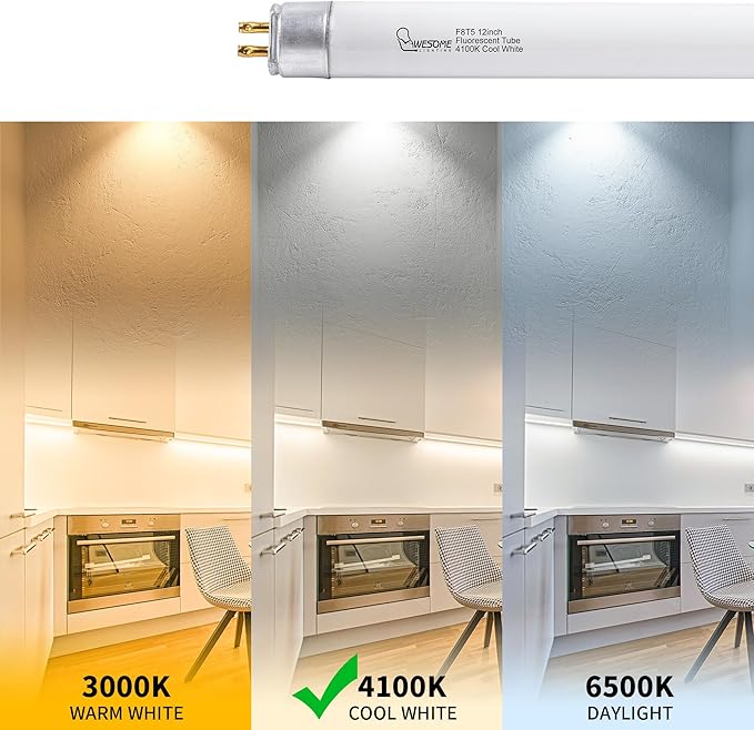 8 Pack 12 Inch F8T5/CW Fluorescent Light Bulb, 4100K Cool White, T5 8 Watts Fluorescent Replacement Bulb for Counter and Cabinet Fixture, G5 Base