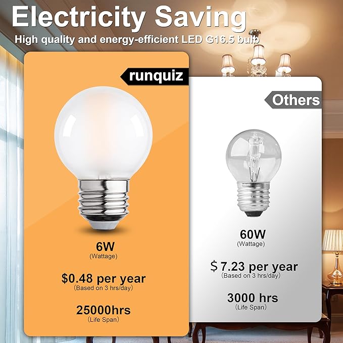 Frosted G16.5 Led Bulb, Matt Vanity Globe Light Bulbs, E26 Dimmable Globe Small Round Edison Light Bulbs, 6w 2700k Vintage LED Filament Edison Bulb