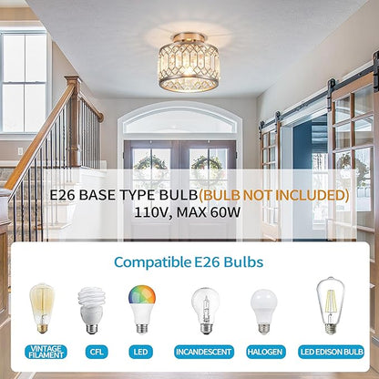 Crystal Ceiling Light Fixture, Modern Semi Flush Mount Ceiling Light,Crystal Chandelier for Kitchen Bedroom Bathroom Entryway Nickel Finish (Bulb not Included)