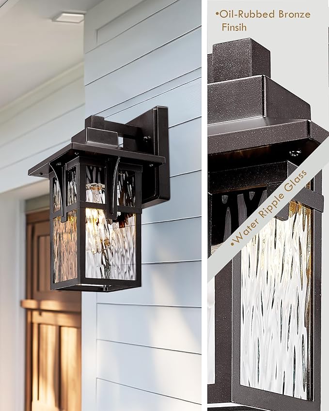 Outdoor Wall Light Fixture, HWH 12.4 Inch Outdoor Light for House with Water Ripple Glass, Exterior Lighting Fixture in Oil-Rubbed Bronze Finish, 5HX62B ORB SW