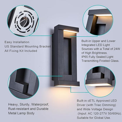 Modern Outdoor Wall Light,Integrated LED 24W 2200LM 3000K,Porch & Patio Lights,IP65 Waterproof for Decor,Triac Dimmable,Voltage 120-277V Suitable for Global Use, 2 Pack Textured Black.