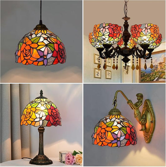 Tiffany Replacement Lamp Shade, 8 Inch Gorgeous Roses Stained Glass Lamp Shade Handmade Vintage Lampshades Accessories Fit for Table Lamp Pendant Light Wall lamp