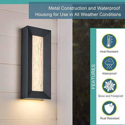 Modern 15in LED Outdoor or Indoor Wall Light with Cast Art Glass,Integrated LED 18.5W 3000K,IP65 Waterproof,Aluminum Extrusions in Textured Black,Wall Mount for Patio, Entryway, Garage