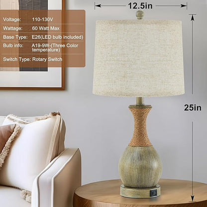 Bedside Table Lamp Set of 2 - Bedroom Table Lamps with Adjustable Color Temperatures - Boho Rattan Lamps with USB A+C Charging Ports Grey Farmhouse Living Room Lamps for Reading Bulbs Included