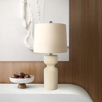 Abani Table Lamp Carlotta Gloss Cylinder 23” – Cream Ceramic Base with Linen Shade – E26 Bulb Included – Modern Desk Lamp for Bedroom, Living Room Lamp, or Entryway